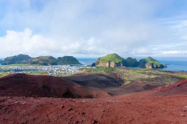 Heimaey town aerial view from Eldfell volcano