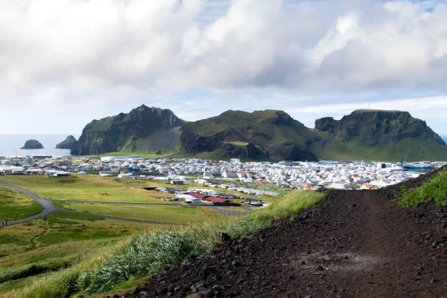 Heimaey town aerial view from Eldfell volcano in Iceland