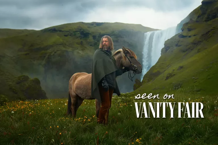 Hordur Bender with his horse at one of the most beautiful waterfall in Iceland