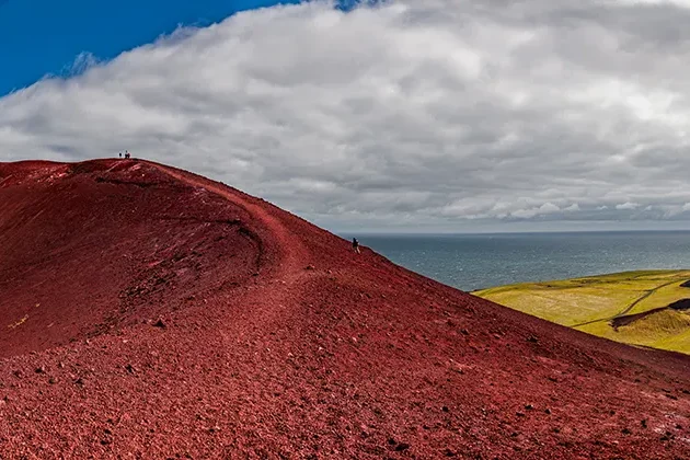 Panorama of Heimaey taken from the top of Eldfell volcano in Iceland