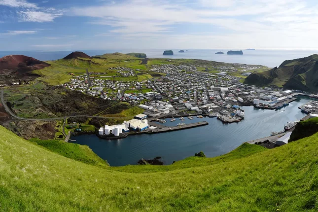 Panoramic view over Vestmann Islands from Heimaey main island viewpoint